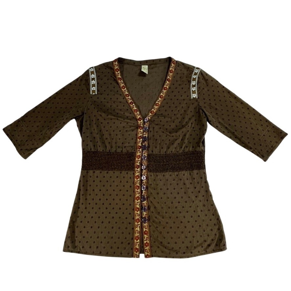 Fossil Brown Swiss Dot Embroidered Smocked Empire Waist V-Neck Blouse M Boho Y2k